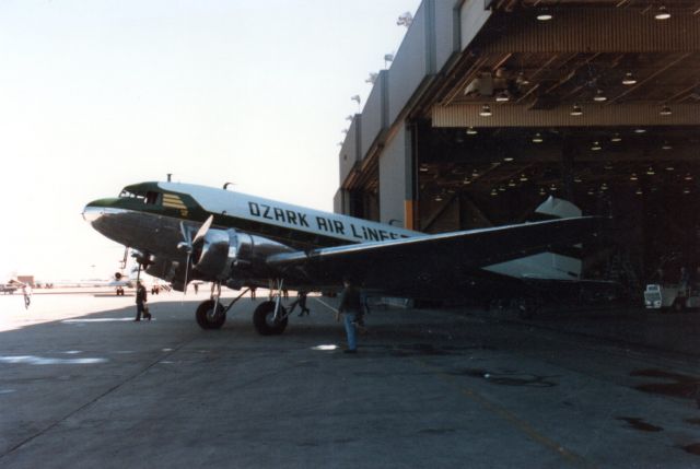 Douglas DC-3 (N763A) - Circa Oct 1985 at Ozark Airlines Maintenance Hangar 