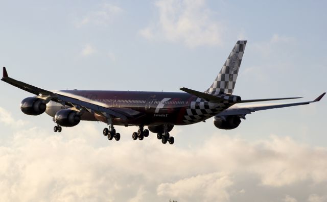 A6-EHJ — - Etihad Airways Airbus A340 Formula 1 Livery Landing At London Heathrow International Airport