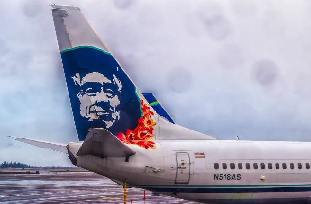 Boeing 737-800 (N518AS) - Getting ready on a rainy morning to depart to KOA the ever so colorful Chester wears his vibrant lei from the Yukon to the warm beaches of Waikiki