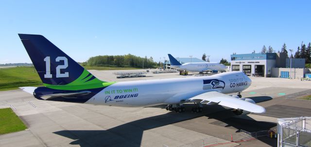 BOEING 747-8 (N841BA) - Taken from the Future of Flight Aviation Center deck, 2 Boeing heavy freighters N841BA 747-83QF and N747BC 747-4J6(LCF) Dreamlifter #AGFSEA16