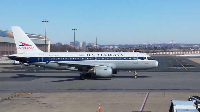 Airbus A319 (N745VJ) - US Airways retro livery--Allegheny Airlines. At Reagan National Airport taxiing to runway for takeoff.