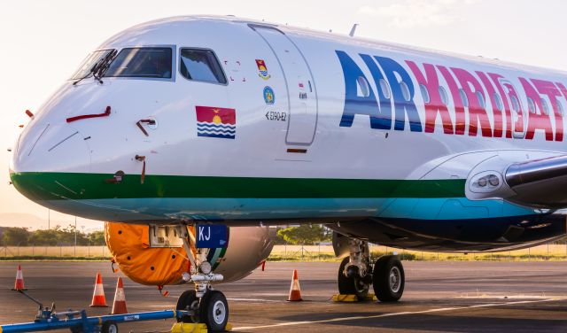 Embraer ERJ-190 (VH-IKJ) - Spectacular addition to Air Kiribati fleet, seeing longer range international flights possible from their island nation into Australia and New Zealand. Seen here on the Logistic Ramp at Brisbane Intl Airport.