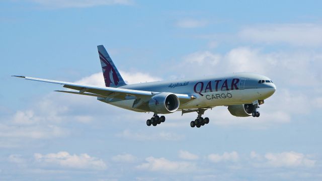 Boeing 777-200 (A7-BFV) - BOE282 on final to Rwy 16R to complete a ferry flight from KPDX on 7.5.20. (B777-FDZ / ln 1658 / cn 66340).