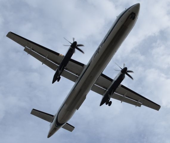 de Havilland Dash 8-400 (N442QX) - Approaching runway 24R, coming right over my head.