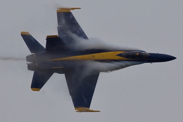 McDonnell Douglas FA-18 Hornet (16-3451) - Blue Angel 2 breaks right, pulling some serious vapor at the 2018 Wings Over Houston Airshow (please view in "full" for highest image quality)