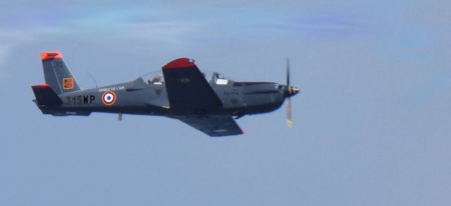 OGMA TB-30 Epsilon — - Making a low pass is this 2013 Armee De L'air (French Air Force) TB30 Epsilon 315-WP. Spotted off the beach at Sandy Hook NJ in the Autumn of 2024.  Registration number is below the 31 and unknown to post along with an airport code.   