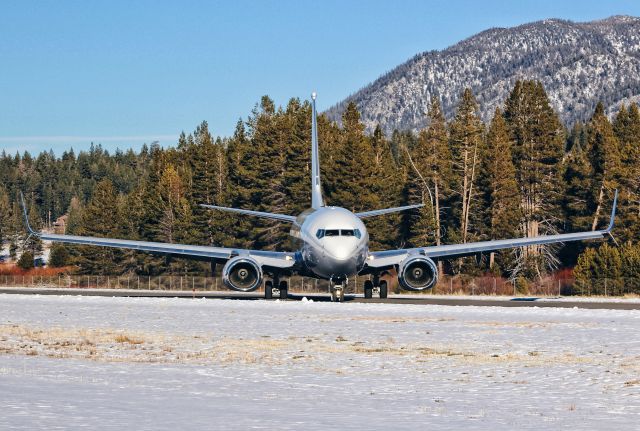 Boeing 737-700 (N1TS) - Very rare visitor making an appearance at South Lake Tahoe Airport today. It ended up doing a 180 on the runway because we were taxing out for departure and of course the Diamond Star has taxi priorities over the BBJ ;)