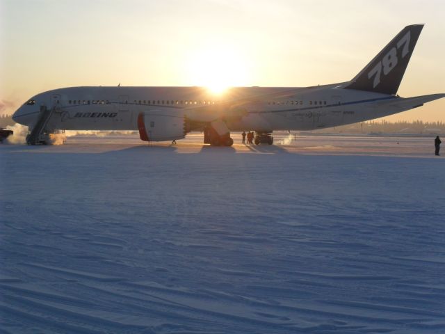 — — - Cold soaking the 787 here in Fairbanks, AK. The Boeing people have the 787 sitting here on the ground. The temps have been dipping down to minus 40 at nite and they are doing the field cold soak of the a/c to test everything.