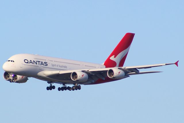 Airbus A380-800 (VH-OQJ) - A distant picture of a Qantas A380 landing into LHR on runway 09R. This image is interesting as it is the first Qantas A380 landing into LHR after it was halted a couple years ago due to COVID.br /br /Location: Stanwell Moor Road, by 09L.br /Date: 20.06.22 (dd/mm/yy).