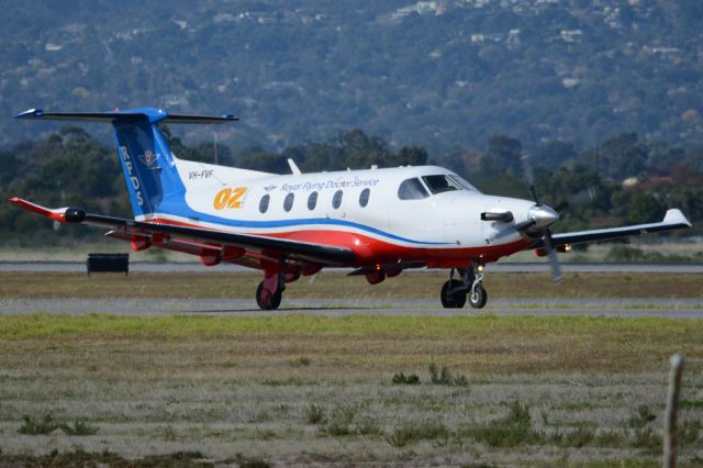 Pilatus PC-12 (VH-FVF) - On taxiway heading for take-off on runway 05. Thursday, 8th May 2014.