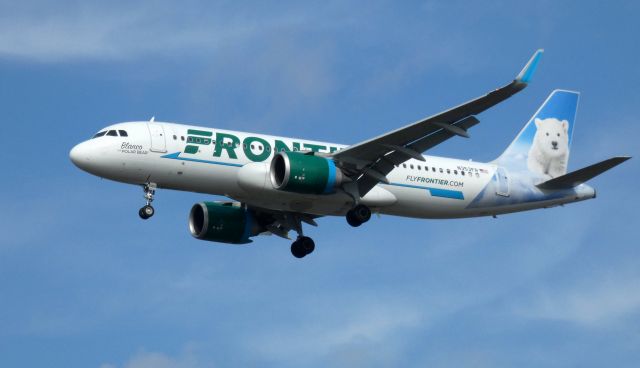 Airbus A320neo (N353FR) - On final is this 2019 Frontier Airlines Airbus A320-251N with "Blanco" the Polar Bear looking for fish in the Autumn of 2020.