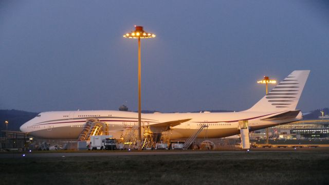 BOEING 747-8 (A7-HBJ) - 10th March 2016: Parked overnight at Zurich Airport.