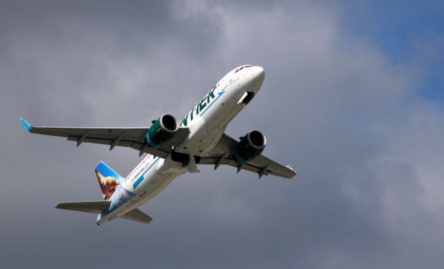 Airbus A320neo (N352FR) - Shortly after departure is this 2019 Frontier Airlines A320-251N with "Rio" the Jaguarundi stalking the tail from the Summer of 2020.