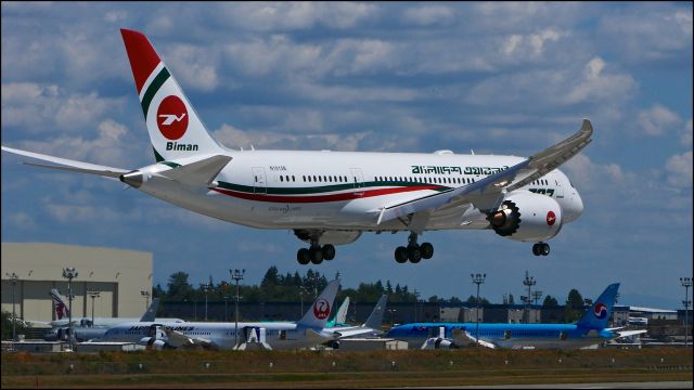 Boeing 787-8 (S2-AJS) - BOE954 on final to Rwy 16R to complete a ferry flight from KBFI on 7.20.18. (ln 726 / cn 40126). The aircraft had just returned from the Farnborough airshow flying as BOE787. The aircraft is using temporary reg #N1015B.