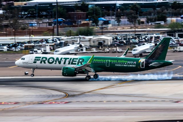 Airbus A321neo (N603FR) - Frontier Airlines' first A321 neo landing at PHX on 10/15/22 during a break in rain storms. Taken with a Canon 850D and Tamron 70-200 G2 lens.