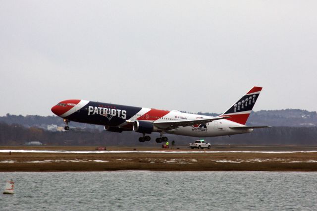 BOEING 767-300 (N36NE) - New England Patriots B767-300 departing Boston Logan chartering Health Care workers to the Super Bowl on 2/7/21.  