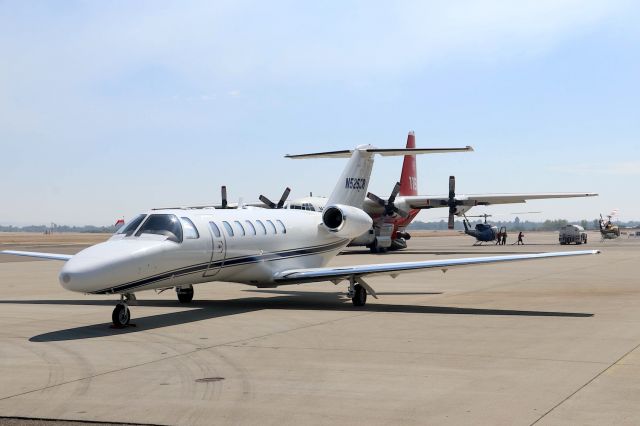 Cessna Citation CJ3 (N525CR) - KRDD Sept 16, 2018 busy ramp as Redding as this Citation bakes on the hot pavement in front of the Redding jet Center. The USFS C-130 was parked here for some type of MX issue and I think was taken out of service after flying back to McClellan the next day.