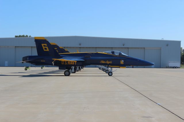 — — - On West Ramp at Gary Regional Airport The United States Navy Blue Angels Flight Demonstration Team Boeing F-18s lined up as one plane.