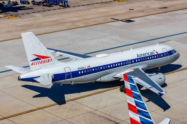 Airbus A319 (N745VJ) - An American Airlines A319 in Allegheny retro livery taxiing at PHX on 2/24/23. Taken with a Canon R7 and Canon EF 24-70 ii lens.