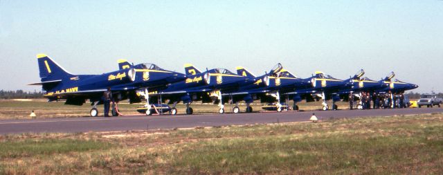 SINGAPORE TA-4 Super Skyhawk — - LAKEHURST NAVAL AIR STATION, LAKEHURST NEW JERSEY, USA-MAY 1981: Seen on the flight line prior to the start of the 1981 Open House and Air Show were the United States Navy's Blue Angels, flying the Douglas A-4F Skyhawk.