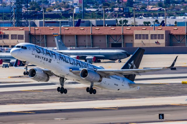 Boeing 757-200 (N14120) - A United Airlines 757-200 in Star Alliance special livery taking off from PHX on 2/24/23. Taken with a Canon R7 and Canon EF 100-400 ii lens.