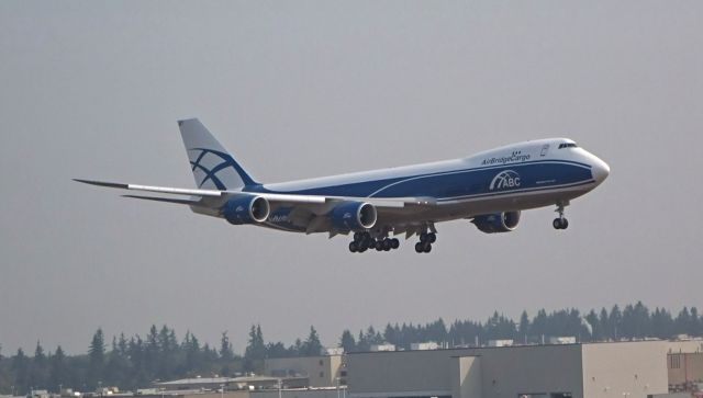 VP-BBY — - Brand new Boeing 747-8F (VP-BBY) for AirBridgeCargo landing from B4 test flight at Snohomish County Airport. Video: a rel=nofollow href=http://flic.kr/p/YY6FEThttps://flic.kr/p/YY6FET/a