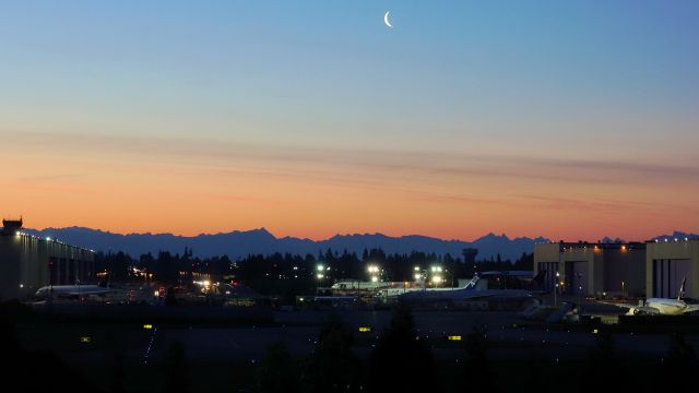 — — - Early morning at the Boeing Everett plant before a day of assembly and flight testing begins