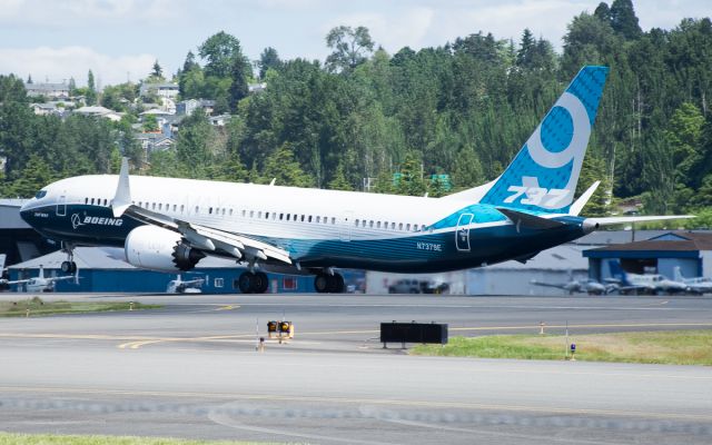 Boeing 737-900 (N7379E) - Boeing color 737-9 MAX landing at Boeing Field. 