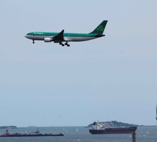 — — - Air Lingus approaching Logan Intl Airport over Boston Harbor