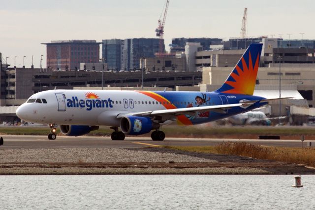 Airbus A320 (N220NV) - Allegiant A320 in special livery promoting the film Ron’s Gone Wrong departing Logan on 11/21/21.