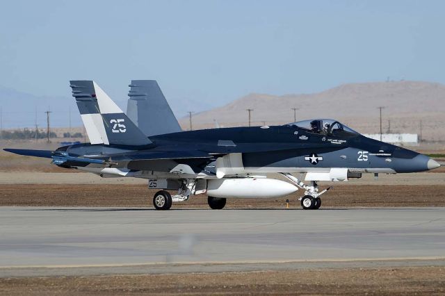 McDonnell Douglas FA-18 Hornet (16-3733) - McDonnell Douglas F/A-18C Hornet BuNo 163733 #25 at NAF el Centro on February 17, 2012. It is painted in two-tone blue and white camouflage like that applied to US Navy fighters during World War II to commemorate a century of naval aviation.