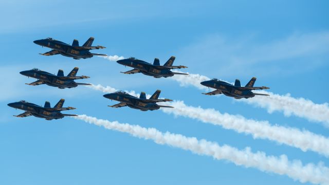 McDonnell Douglas FA-18 Hornet (16-5885) - Blue Angels flying the break after performing at Seafair in 2024.