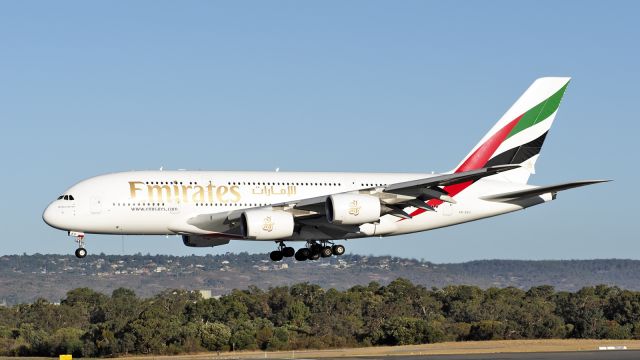 Airbus A380-800 (A6-EEU) - Airbus A380-861. Emirates A6-EEU shortly before touch down runway 03 YPPH 290319.