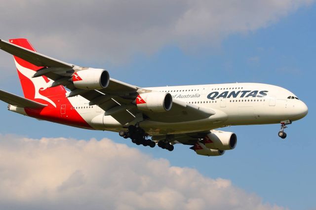 Airbus A380-800 (VH-OQE) - QF9 from Melbourne via Dubai landing at London Heathrow, 12th September 2014. Photo taken from the grass hill just near T5.