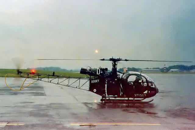 VXP967 — - British Army Air Corps - Aerospatiale Alouette II (XP967) just before departure at NCL on a rainy windy day back in 1973/4. Image from old photo hence the not so good quality. Please Note - Registration is XP967 not VXP967. Cannot amend info for some reason.