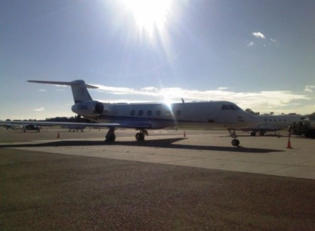 Gulfstream Aerospace Gulfstream V (N765SG) - Santa Barbara, CA (SBA).  N765SG parked with sun glint.