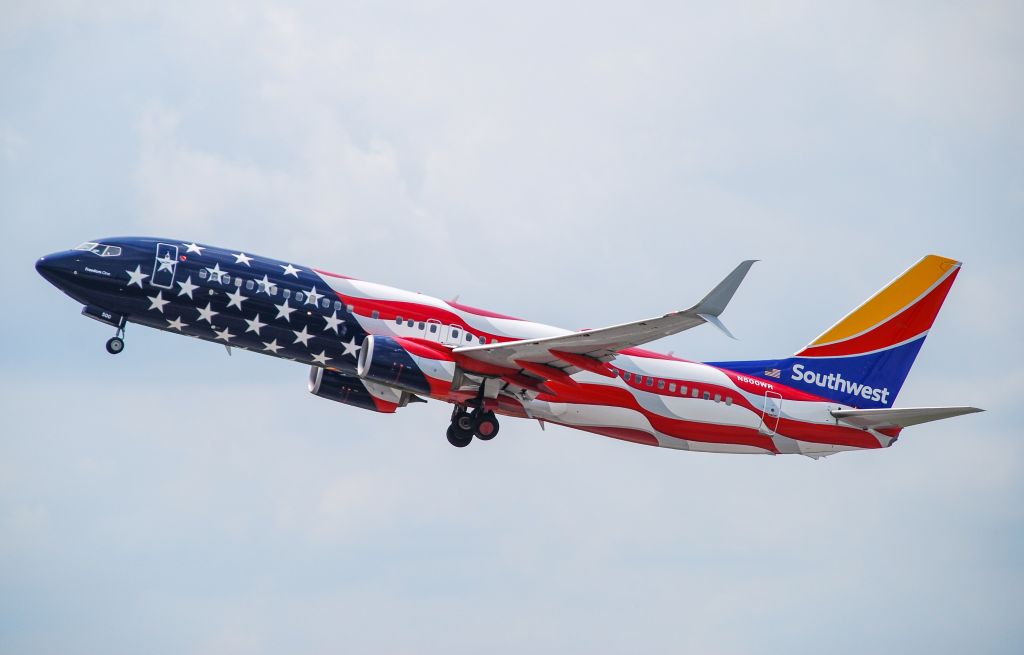 Boeing 737-800 (N500WR) - The stunning Southwest Freedom One departing GSP.  7/10/21.