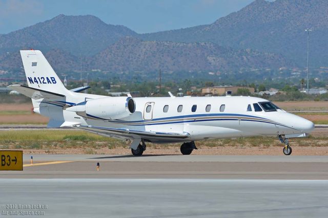 Cessna Citation Excel/XLS (N412AB) - Cessna 560XL Citation Excel N412AB at Phoenix-Mesa Gateway Airport on August 27, 2017. It was built in 2007. It is powered by apair of Pratt & Whitney of Canada PW545B engines. Its construction number is 560-5752.