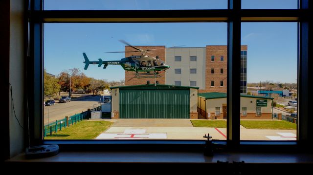 Bell 407 (N518MT) - AIR MED 1 leaving the pad at Shannon Downtown, San Angelo, Texas