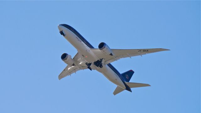 Boeing 787-8 (JY-BAA) - BOE695 climbs from Rwy 34L beginning its maiden flight on 8/4/14. (LN:194 / cn 37983).