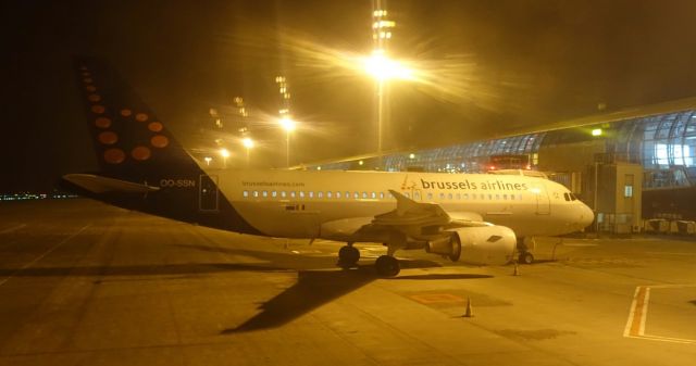 Airbus A319 (OO-SSN) - Our neighbor at the gate in Brussels on my night flight to Lisbon