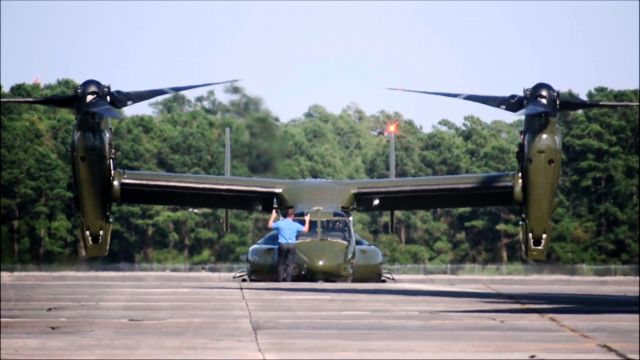 Bell V-22 Osprey — - USMC Presidential V-22 Osprey being ground guided to Ramp Parking at Myrtle Beach International Airport (KMYR), SC on 9/19/2018 ahead of Marine 1 MH-60 arriving to view flood areas in South Carolina.