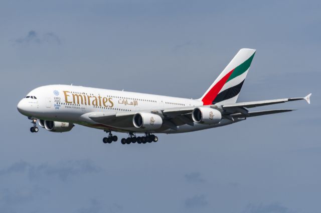 Airbus A380-800 (A6-EOM) - UAE 219 Super on short final to runway 18R at KMCO christening Emirates daily service to Orlando International Airport from Dubai. (9/1/15) 