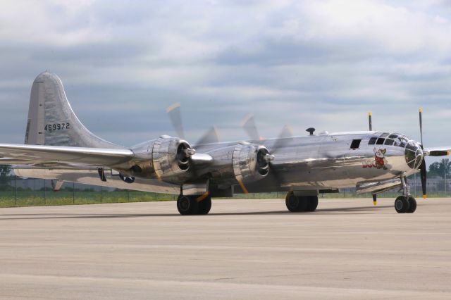 Boeing B-29 Superfortress (N69972) - Superfortress Doc beginning the morning engine run-up at Appleton International.br /br /Appleton was the home of the B-29 fleet for 2 days during AirVenture 2022.