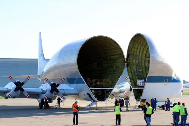 Aero Spacelines Super Guppy (N941NA) - Nose opening at Moffett Federal Airfield Jan. 25, 2016.