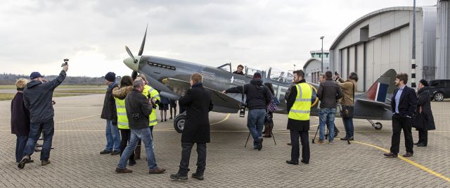 SUPERMARINE Spitfire (PNR202) - Spitfire meets the press on on its birthday! These images of Spitfire RV202 operated by Flying with Spitfires.com especially historic as they were taken at Southampton Airport UK on the 80th Anniversary of the first flight of the Supermarine Spitfire on 5 March 1936, the pilot was Mutt Summers. The Spit was probably the most famous fighter of WW2, and was instrumental in the winning of the Battle of Britain along with the Hawker Hurricane in early summer 1940.