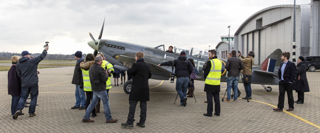 SUPERMARINE Spitfire (PNR202) - Spitfire meets the press on on its birthday! These images of Spitfire RV202 operated by Flying with Spitfires.com especially historic as they were taken at Southampton Airport UK on the 80th Anniversary of the first flight of the Supermarine Spitfire on 5 March 1936, the pilot was Mutt Summers. The Spit was probably the most famous fighter of WW2, and was instrumental in the winning of the Battle of Britain along with the Hawker Hurricane in early summer 1940.