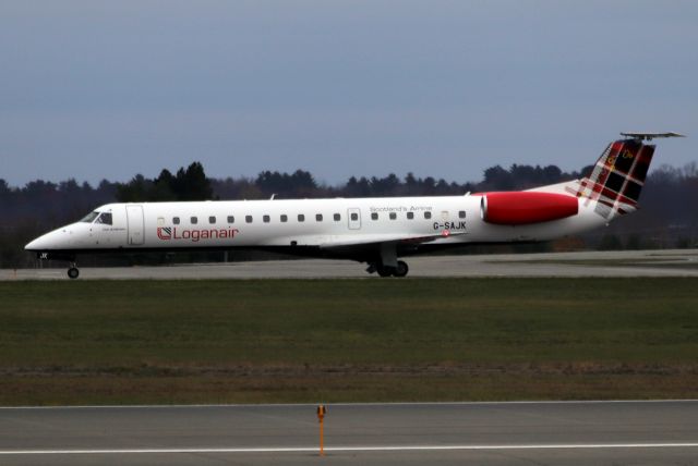 Embraer ERJ-145 (G-SAJK) - 'Logan 805 Mike' taxiing out for some engine run-ups. It has been undergoing repairs and restoration at C&L Aviation in Bangor before being delivered back to Loganair in Scotland