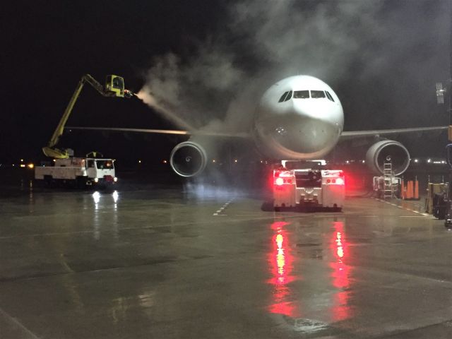 Airbus A300F4-600 (N670FE) - Propylene Glycol Type 1 treating the Airbus "Amrit" before the 8 pm departure. br /br /A rain,sleet,snow night typical for NE WI in late winter.