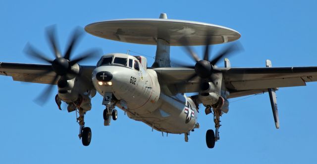 Grumman E-2 Hawkeye (16-6508) - A VAW-115 "Liberty Bells" E-2C Hawkeye (166508) returns from an afternoon training sortie and is a few hundred feet from coming over the 31L threshold.br /br /United States Navy Northrop Grumman E-2C Hawkeye (166508)br /VAW-115 (Airborne Command and Control Squadron One One Five) "Liberty Bells"br /Currently land based at ....br /Naval Air Station Point Mugu / Naval Base Ventura Countybr /Presently Assigned: Airborne Command and Control and Logistics Wing (ACCLW)br /Formerly at Sea on: USS Theodore Roosevelt (CVN-71)